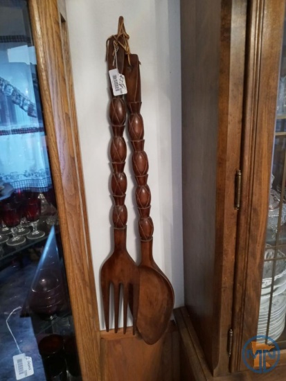 Wood carved fork and spoon, shell dish, and ceramic boot