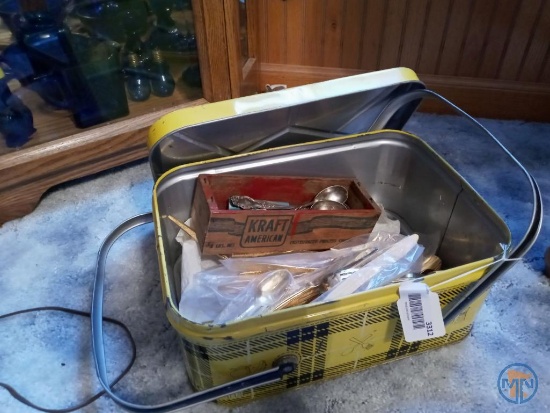 Florentine flatware, Kraft cheese box, and metal picnic basket