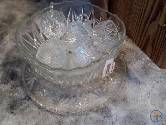Clear glass punch bowl, serving trays and other dishes