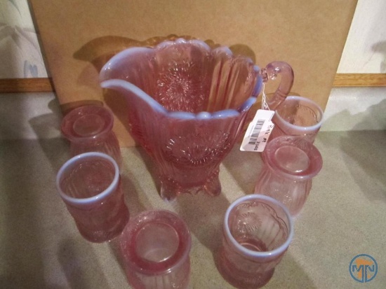 Opalescent pink glass and pitcher set