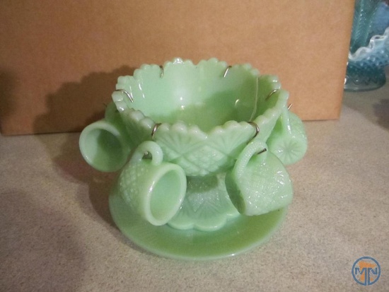 Miniature jadeite punch bowl and cups
