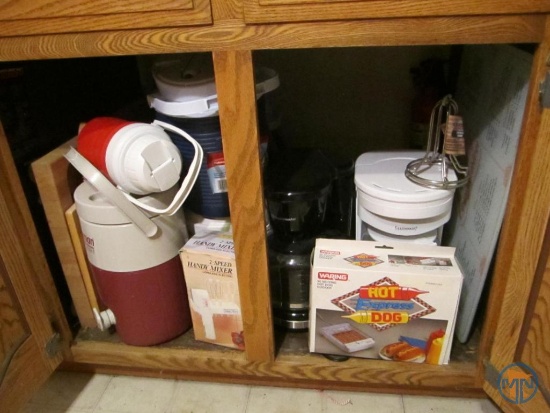 Insulated beverage containers, Hot Dog Express hot dog cooker, (2) coffee makers, wood cutting board