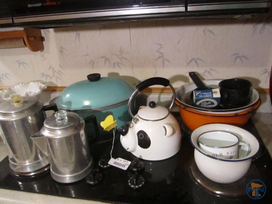 Panda tea kettle, enamelware, aluminum dutch oven and (2) coffee percolators