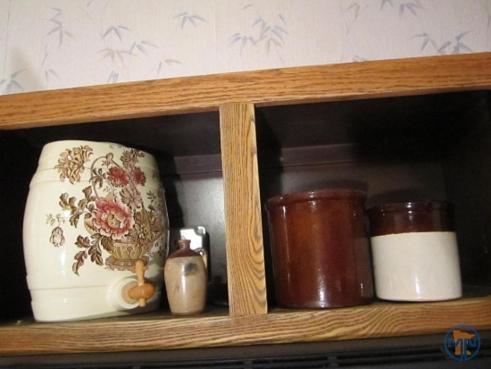 (2) Crocks, stoneware drink dispenser, glass jar with crock design