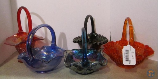 (5) carnival glass baskets, various colors