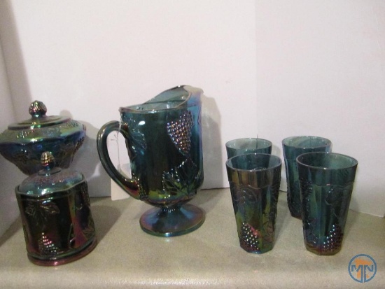 (7) blue carnival glass dishes