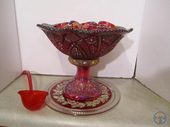Red carnival glass punch bowl with non matching plate