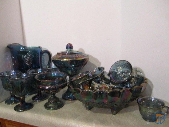 Blue carnival glass dishes