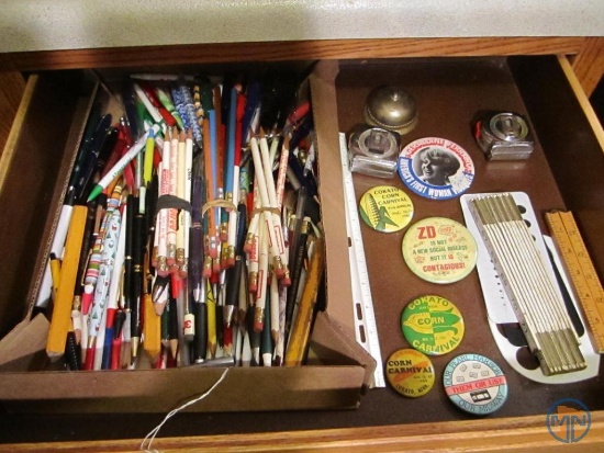 Pencil and pen collection, folding rulers, Cokato Corn Carnival buttons, service bell