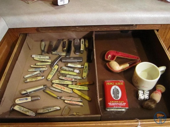 Pocket knives with advertising, Prince Albert tobacco tin, Old Spice shaving cup
