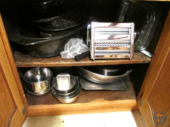 Metal cookware, nesting bowls, glass baking dishes, pasta roller