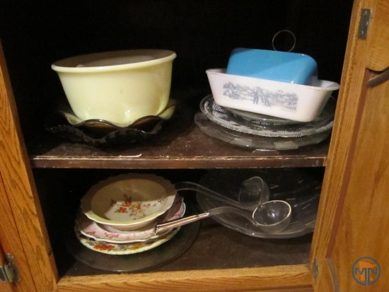 Pyrex dish, mixing bowls, clear glass trays and other dishes