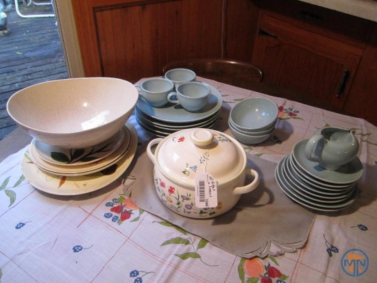 Red Wing bowl, Iroquois blue dishes and other serving dishes