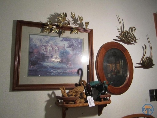 (2) Framed pictures, mirrow, owl and other bird figurines, votive wall hanging and clock