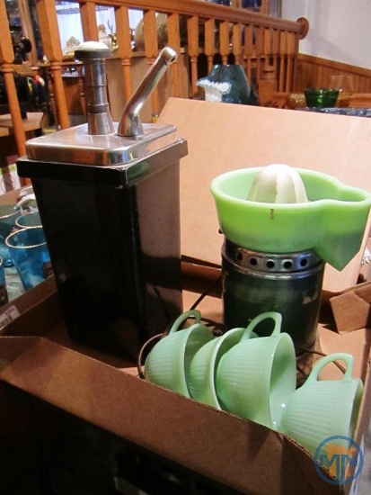Fire King jadeite cups, Sunkist juicer, cherry syrup dispenser