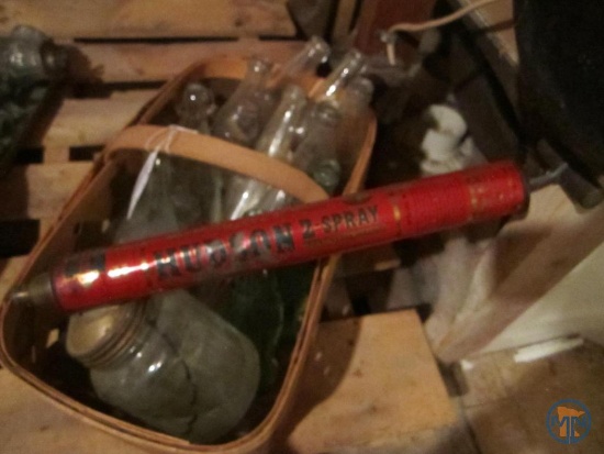 Old garden sprayer, basket and bottles