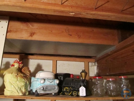 (3) cookie jars: rooster, train, and car; and (3) glass jars