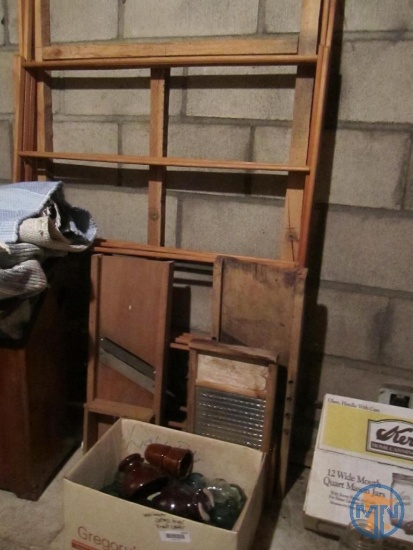 Washboards, wood drying rack, kraut cutter, glass insulators