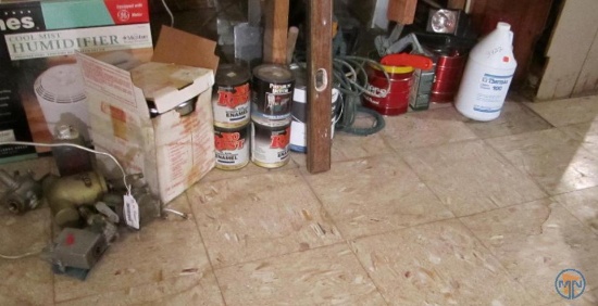Coleman 518E heater, flashlight, extension cord, paint, level, drain snake