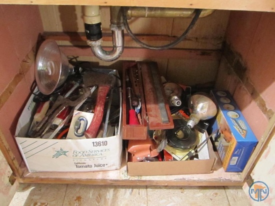 Painting supplies, hatchet, adjustable wrench, pliers, screwdrivers, tape measure, paint rollers