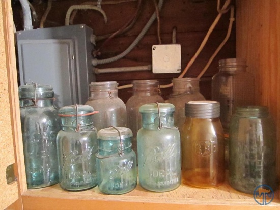 Blue glass canning jars: Ball, Atlas, Mason; Amber reproduction canning jar