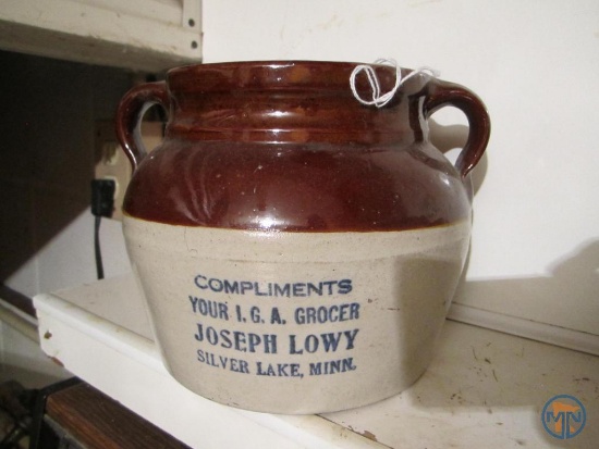 Stoneware advertising crock, "Compliments Your I.G.A. Grocery Joseph Lowy Silver Lake, Minn."