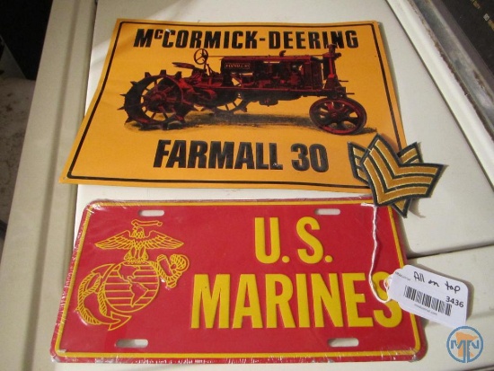 McCormick-Deering Farmall 30 metal sign, (2) military patches, U.S. Marines license plate
