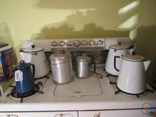 Enamel kettles, coffee percolator, Faris fiberglass insulated thermos