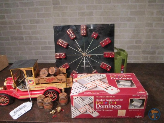 Miller beer advertising model truck, dominoes, Los Vegas dice clock, poker chips