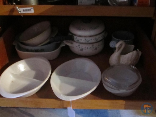 (2) Glasbake dishes, covered dish, swan planter, other baking dishes