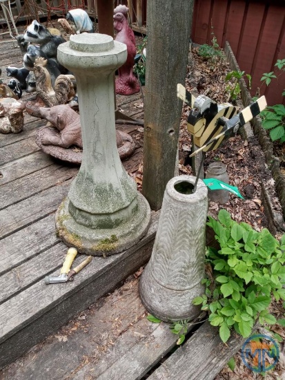 (2) Cement bird bath stands and bee garden art