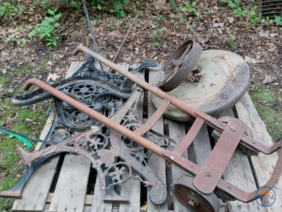 Cast Iron bench frame pieces, grinding stone and steel wheel hand truck