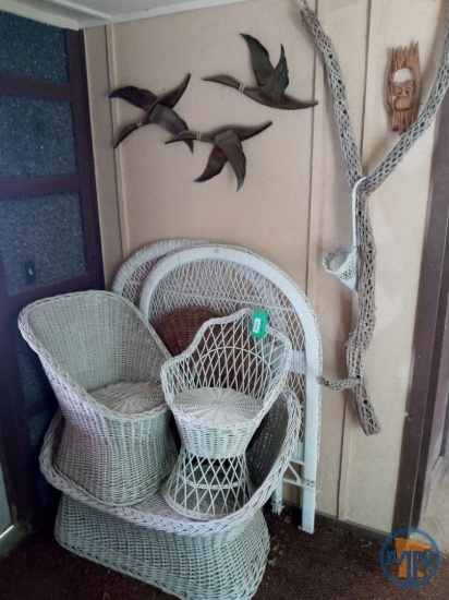 Driftwood, duck wall hangings, and wood owl, and wicker furniture