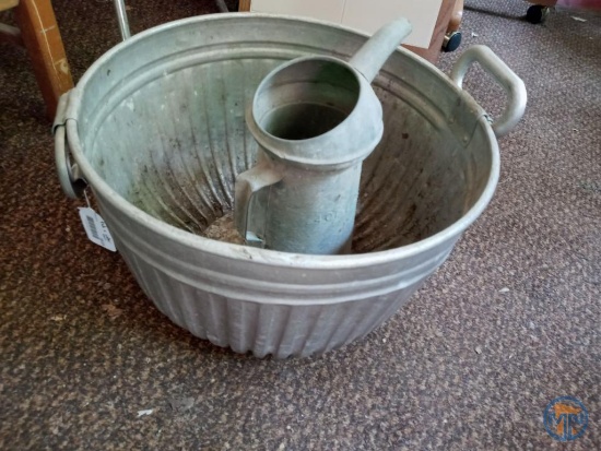 Galvanized 1/2 bushel basket, oil can, and (2) chairs