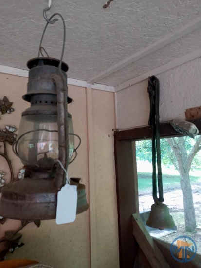 Lantern, glass shaded bar light and metal bell
