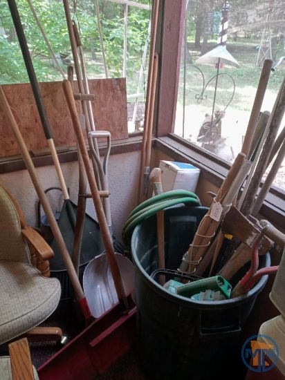 Garden Tools: axe, rakes, limb saw, scythe, sprayer, aluminum scoop shovel, 4 mil plastic sheeting