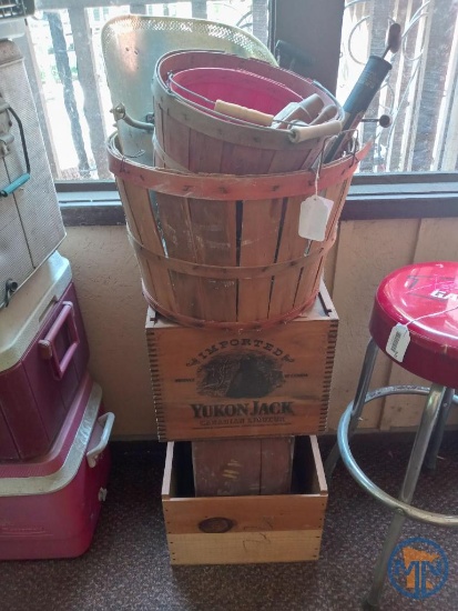 Wood crates, apple baskets, old garden sprayers