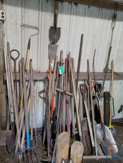 Garden tools: post hole digger, post pounder, aluminum scoop shovels, pitch fork, and others