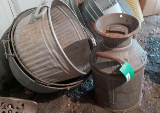 Milk can, (2) galvanized tubs and galvanized bushel basket