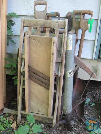 Garden tools, wood folding chair, kraut kutter