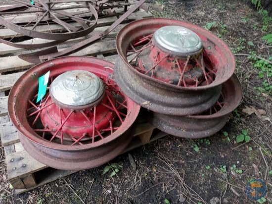 (3) 16" wire automotive wheels with V8 hubcaps