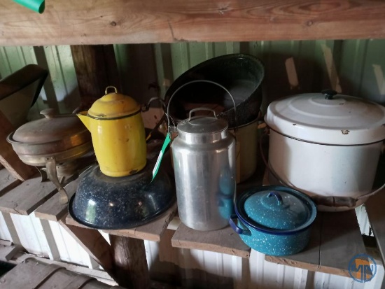 Enamel cookware, copper chafing dish and aluminum 4 qt. canister