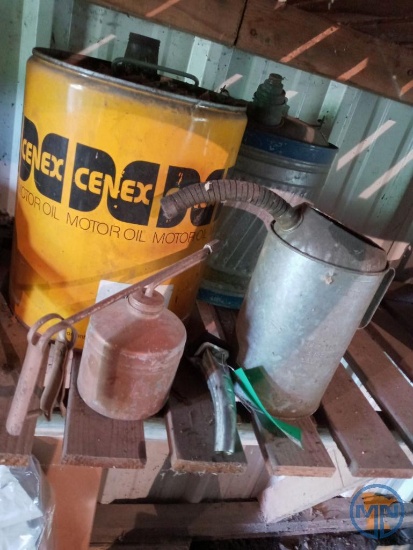 Cenex metal motor oil can, galvanized fuel can, (2) other oil cans and spout