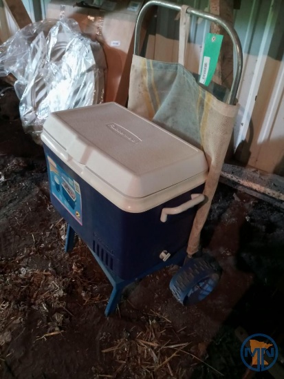 Plastic beach hand truck with Rubbermaid cooler