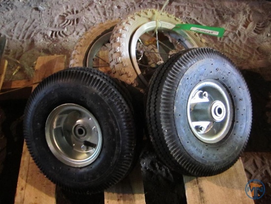 (2) 4.10/3.50-4 pneumatic wheels and (2) bicycle wheels