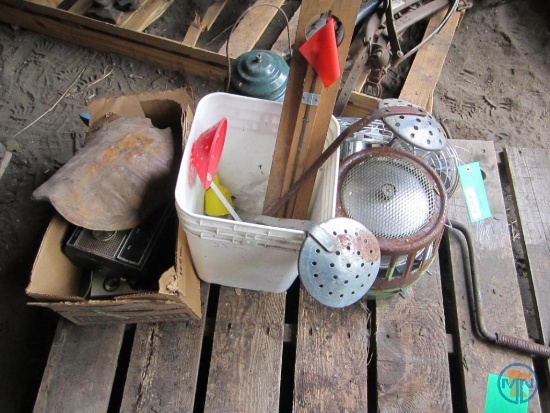 Coleman heater, Coleman CL2 lantern, scoops, ice auger spoon, turtle shell, and radios