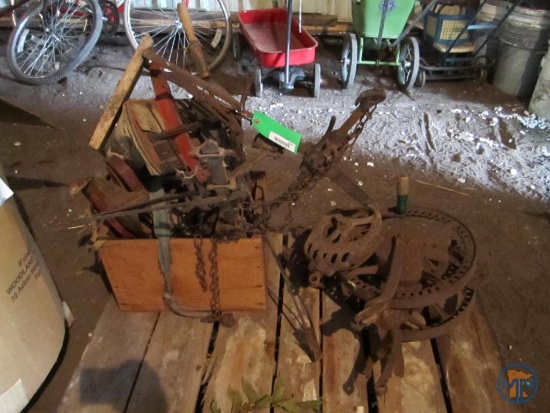 Sea Island Cane Sugar crate, pulleys, corn sheller, wire stretchers, bottle capper