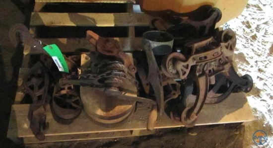 Wood pulley block, hayloft trolleys, and other pulleys
