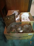 Milk glass snack set, hobnail drinking glasses, clear glass vases, punch bowl and cups