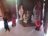 (6) chicken figurines, one is blown glass
